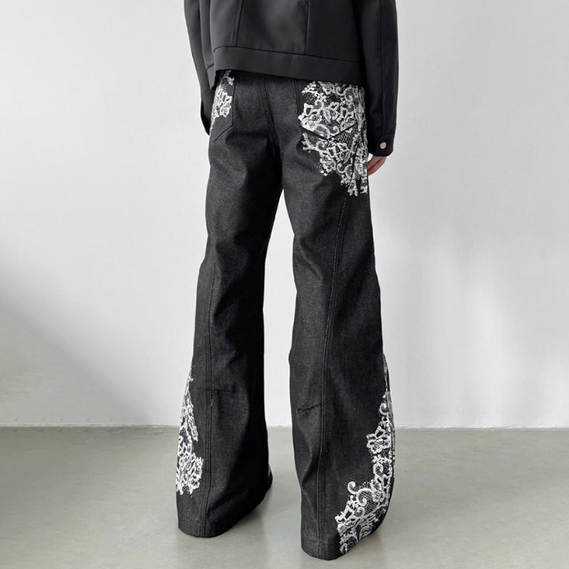 Vintage High-street Printed Lace Textured Straight-leg Flared Jeans