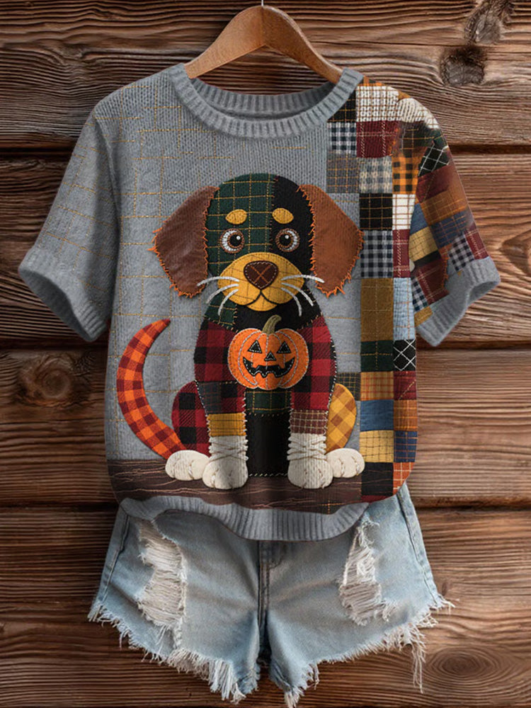 Women's Casual Knitted Halloween Patchwork Puppy Short Sleeves Top