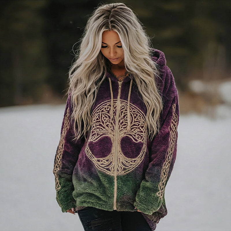 Women's Vintage Viking Celtic Knot Tree Of Life Style Plush Zip-up Hoodie