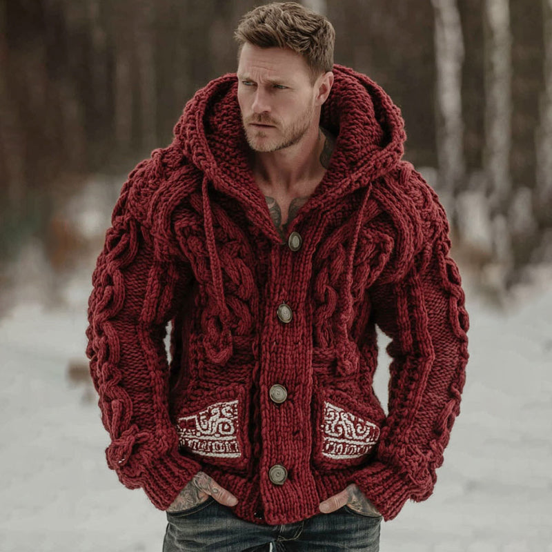 Men's Viking Tribal Art Jacquard Button Cozy Cardigan Sweater