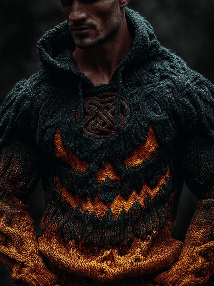 Men's Halloween Pumpkin Viking Celtic Gradient Cozy Chunky Hooded Sweater