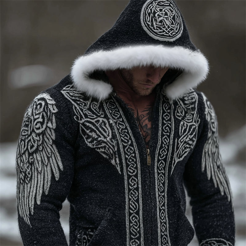 Men's Viking Wings Celtic Contrast Fur Trim Hooded Cardigan