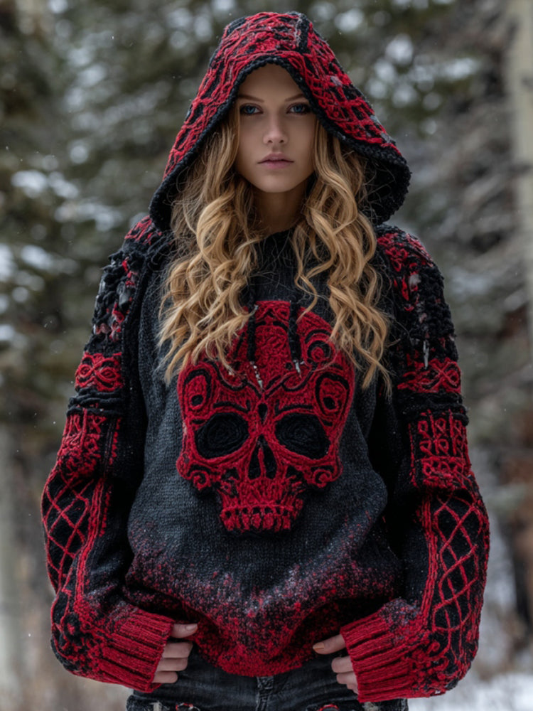 Women's Vintage Viking Tribal Celtic Skull Gradient Chunky Knit Hooded Sweater
