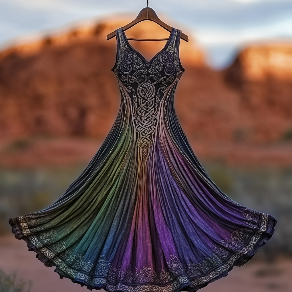 Women's Vintage Viking Celtic Knot Gradient Art Linen Midi Dress