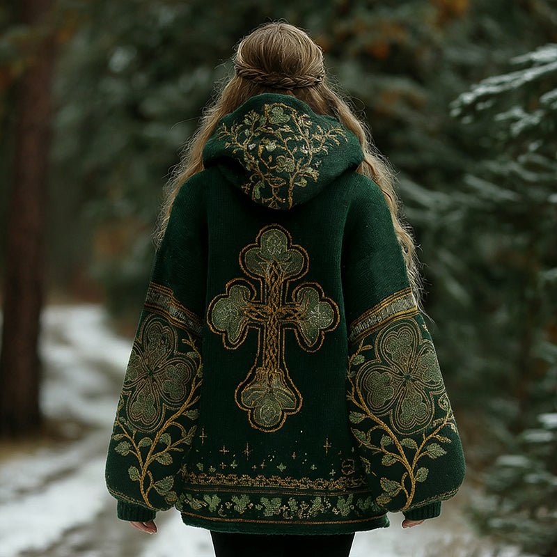 Women's St Patrick's Day Celtic Cross With Shamrock Print Knit Zipper Hoodie