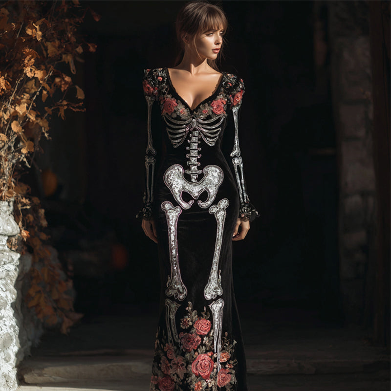 Vintage Floral Skeleton Glitter Sequins Cozy Velvet Maxi Dress