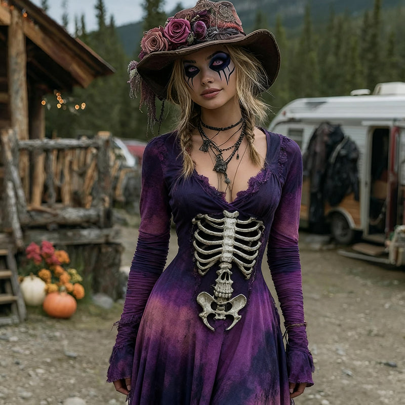 Halloween Skeleton Witch Cosplay Midi Dress