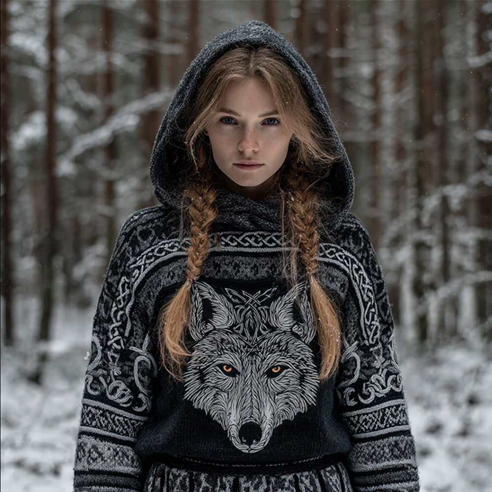 Women's Viking Style Viking Wolf Celtic Knot Knit Warm Hoodie Sweater
