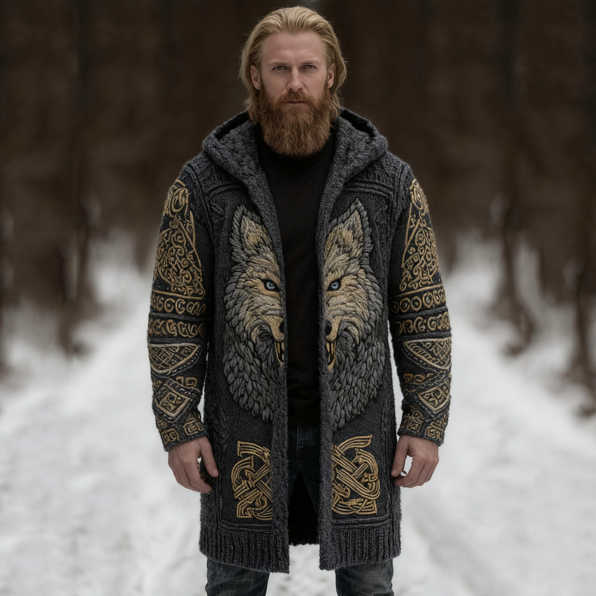 Men's Viking Style Celtic Knot Wolf Head Pocket Midi Cardigan