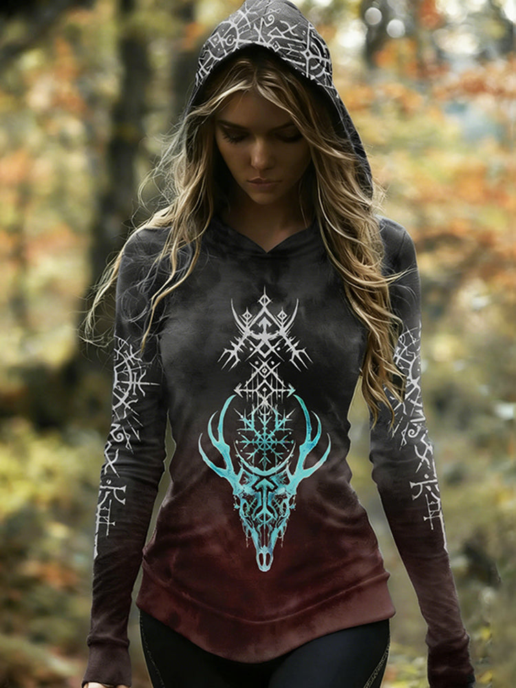 Nordic Forest Reindeer Totem Rune Gradient Printed Hoodie