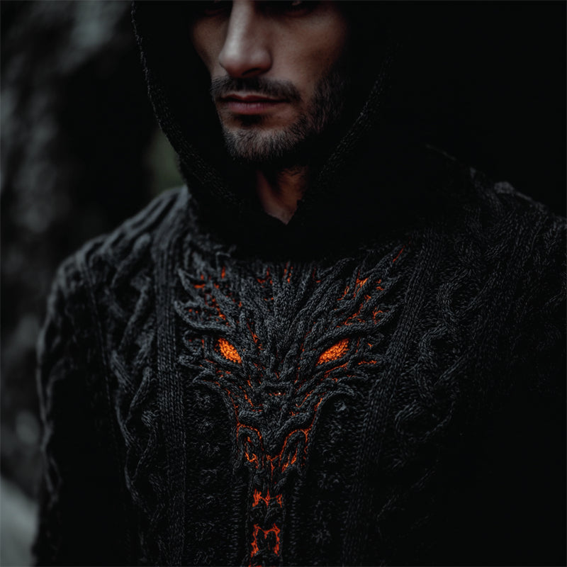 Men's Halloween Viking Dragon Face Celtic Cozy Chunky Hooded Sweater