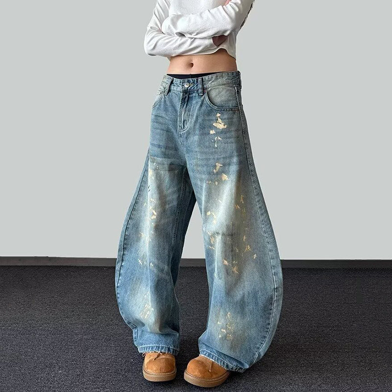 Vintage Washed Distressed Paint Splatter Loose-fitting Baggy Jeans For Women