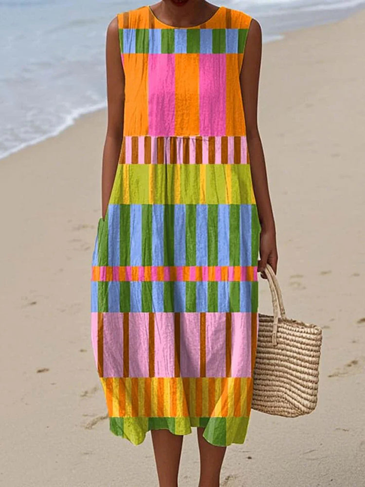 Vintage Loose Abstract Geometric Pattern Art Sleeveless Cotton And Linen Tank Dress