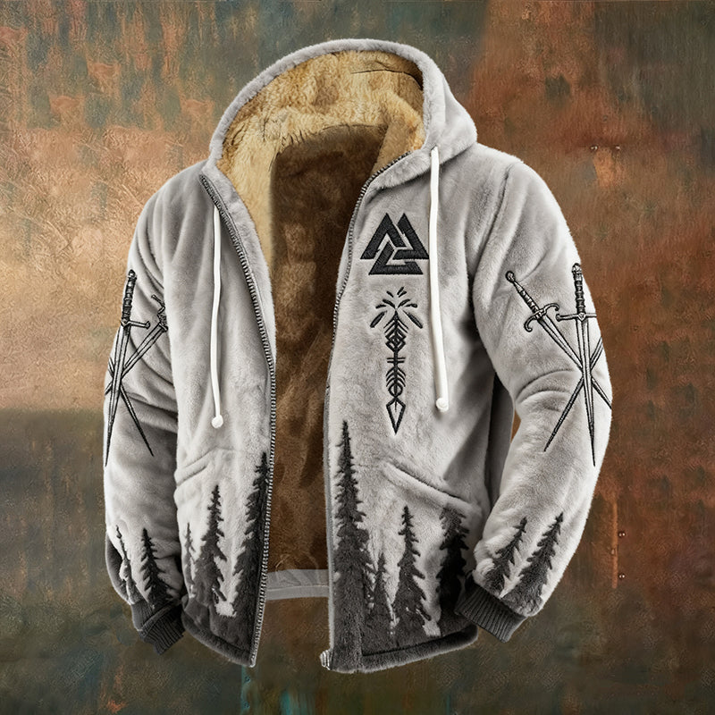Men's Retro Viking Valknut And Sword Pattern Plush Zip-up Hooded Jacket