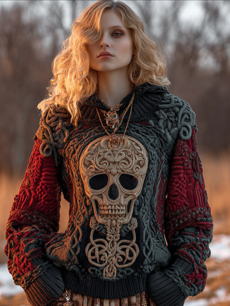 A Woman's Hooded Sweater In Red And Black With Halloween Rose And Skull Elements.