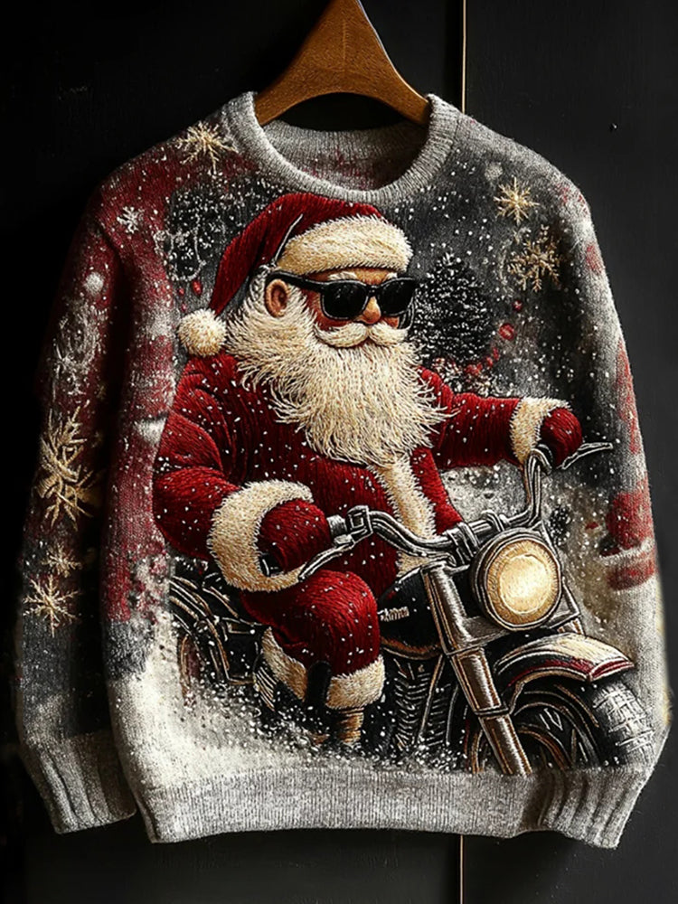 Men's Christmas Santa Claus Riding A Motorcycle In The Snow Print Knit Sweater