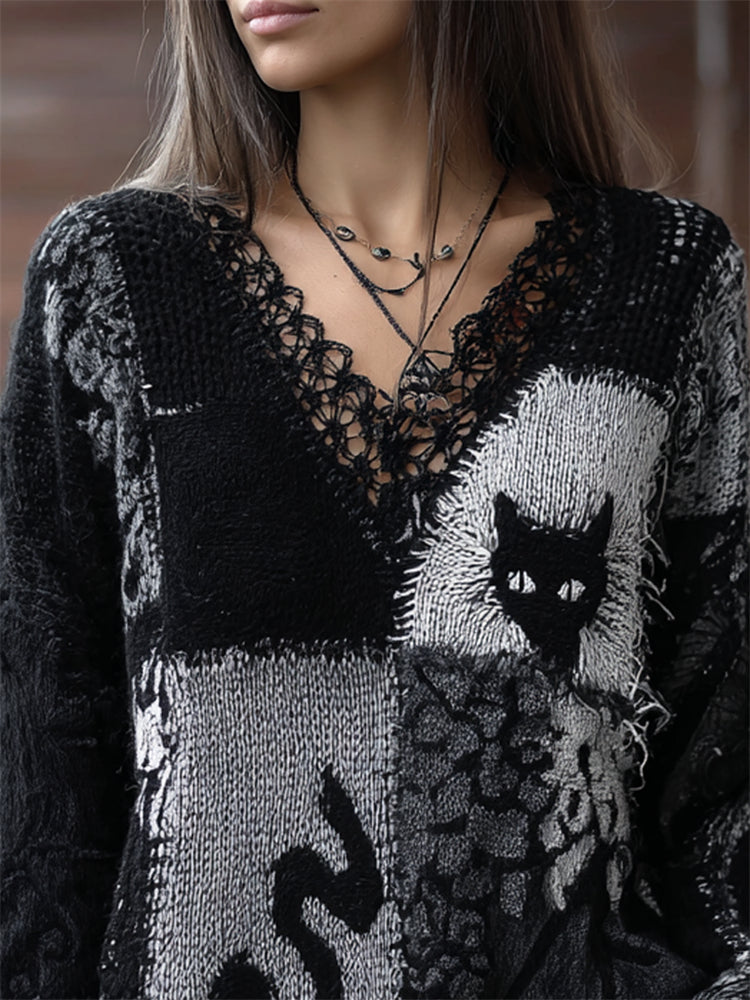 Black Cats Colorblock Patchwork V Neck Cozy Knit Sweater
