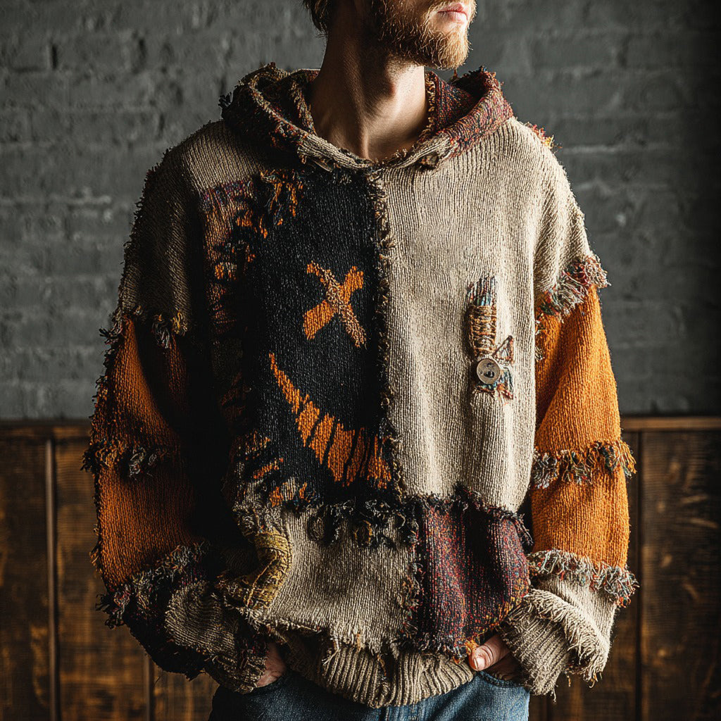 Men's Halloween Spooky Face Colorblock Stitched Hooded Cozy Knit Sweater