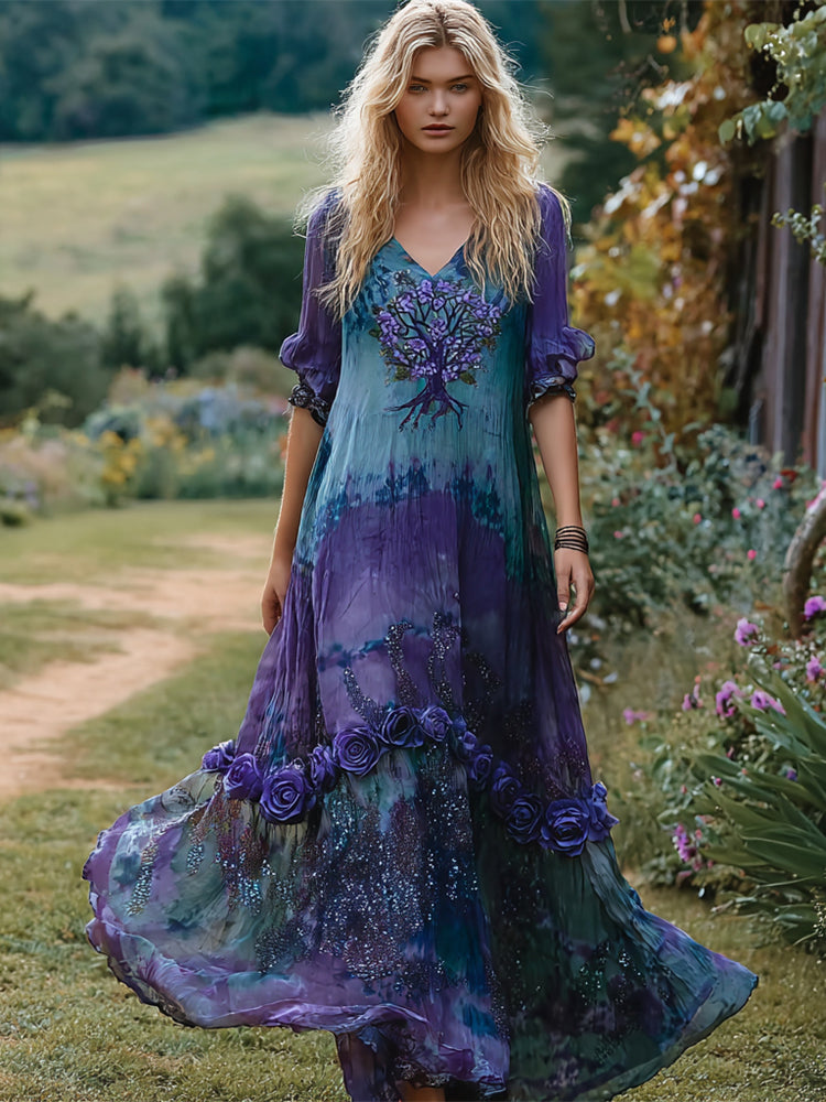 Viking Tree Of Life Embroidered Floral Women's Flowing Maxi Dress