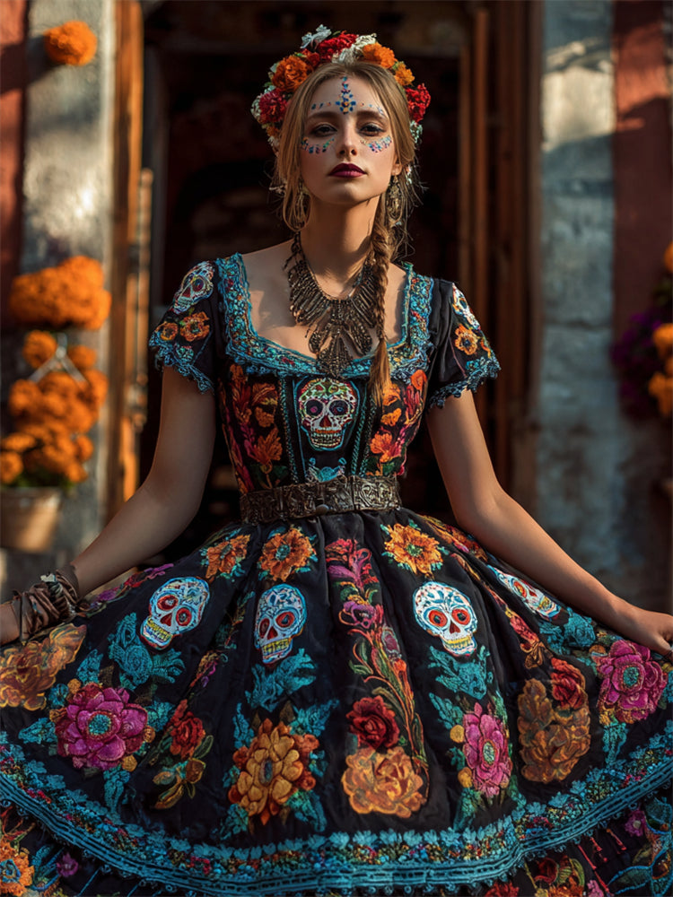 Day Of The Dead Sugar Skulls Floral Embroidered Wide Skirted Linen Dress