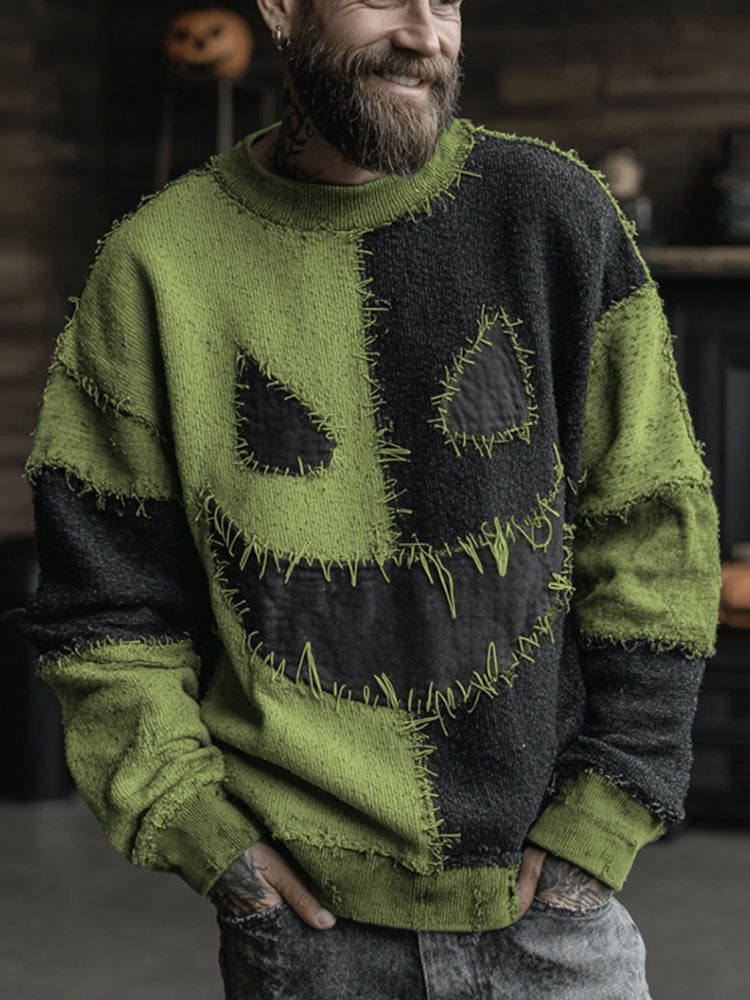 Men's Halloween Spooky Face Colorblock Stitched Cozy Knit Sweater