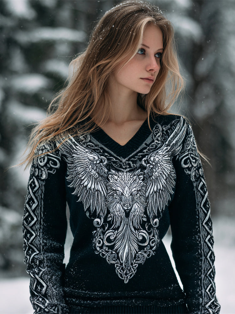 Celtic Wolf With Wings Pattern Women's Knit V-neck Sweater