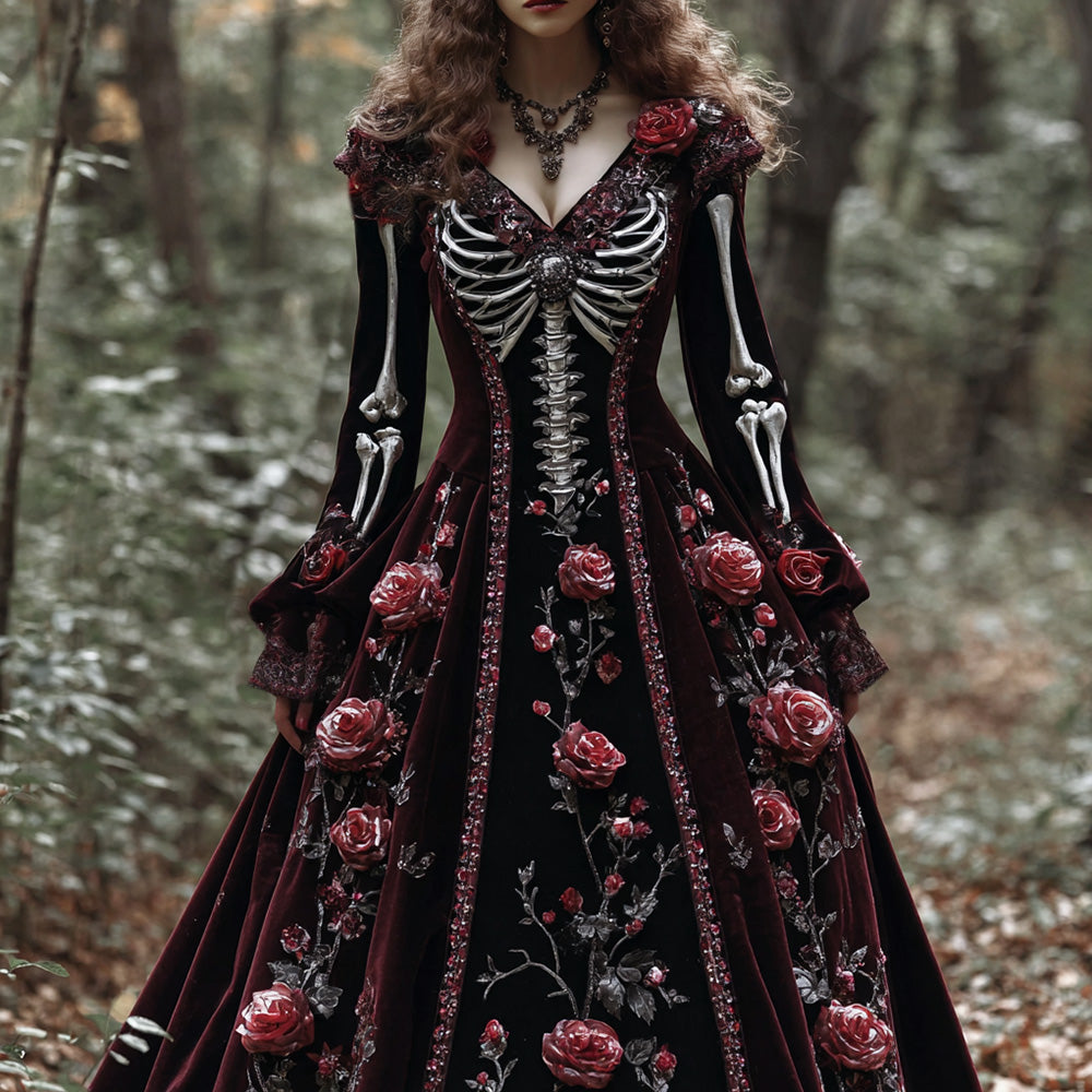 Classic Skeleton Bones With Roses Flowy Velvet Maxi Dress