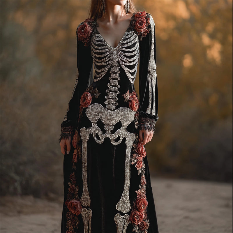Vintage Roses Skeleton Glitter Beaded Cozy Velvet Maxi Dress