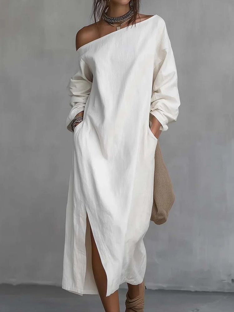 Women's Casual Solid Color One-shoulder Cotton Linen Maxi Dress