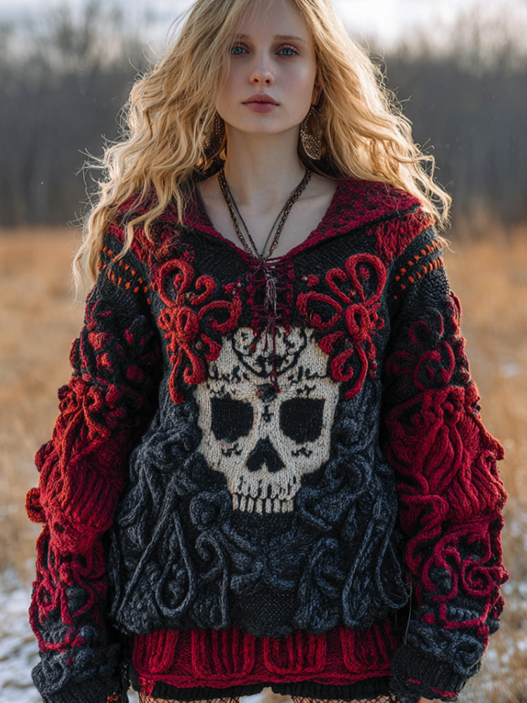 A Woman's Hooded Sweater In Red And Black With Halloween Rose And Skull Elements