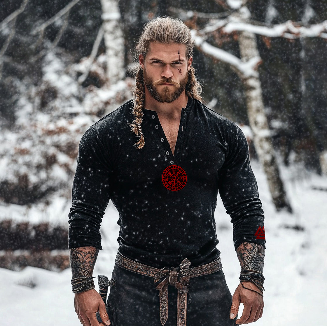 Men's Tribal Viking Runes Graphics Henley Collar Long Sleeves Basic T-shirt