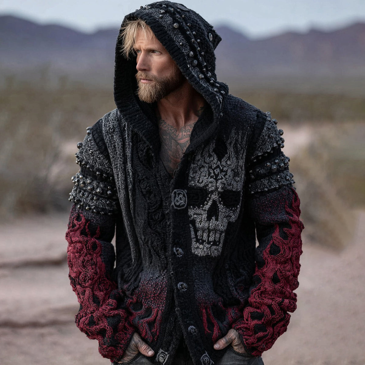 Men's Retro Skull And Flame Inspired Knitted Buttons Hooded Cardigan