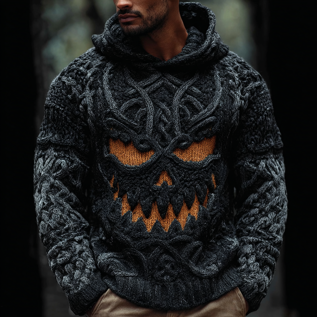 Men's Halloween Pumpkin Face Celtic Knot Chunky Hooded Sweater