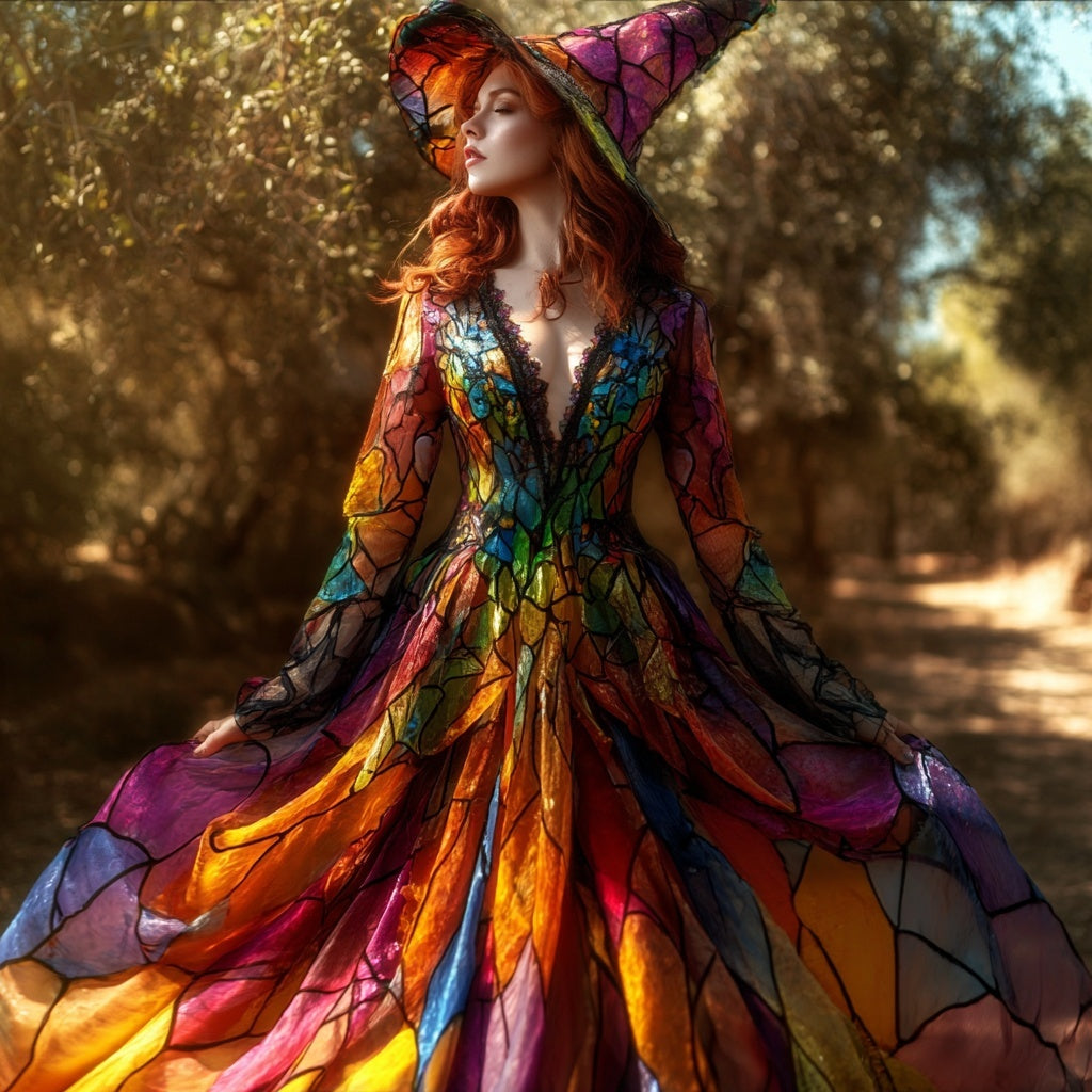 Vintage Stained Glass Inspired V Neck Flowy Maxi Dress