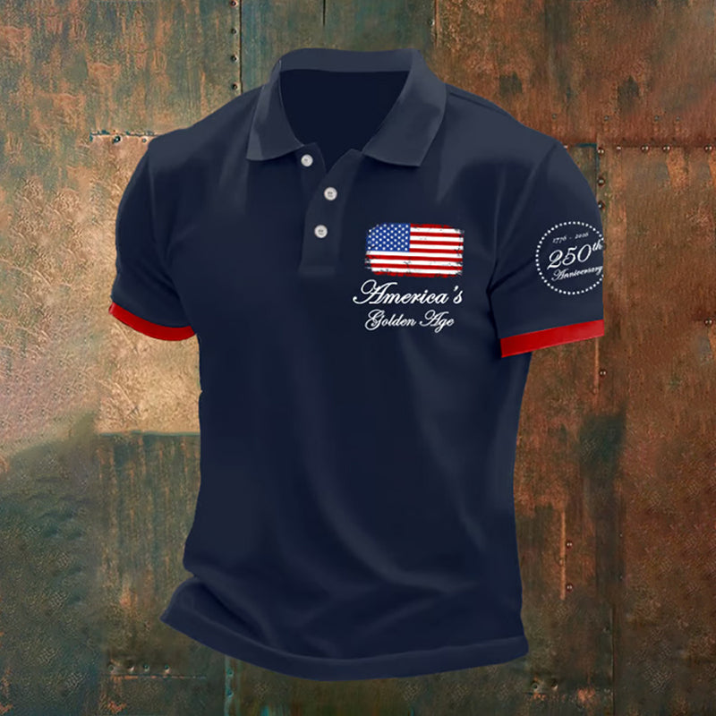 Man's Vintage Independence Day America's Golden Age 1776-2026 250th Anniversary Printed Polo Shirt