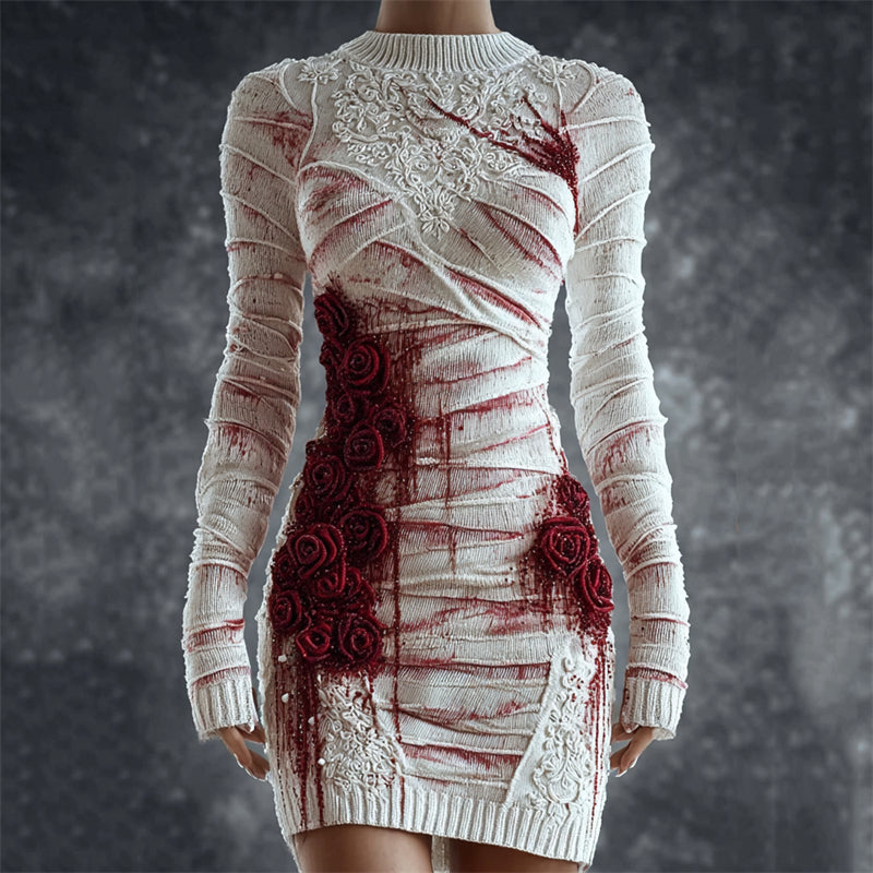 Bloody Bandages & Roses Lace Embroidered Cozy Knit Sweater Dress