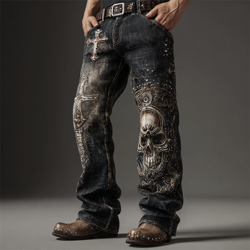 Men's Rock Skull Cross Studded Washed Bootcut Jeans