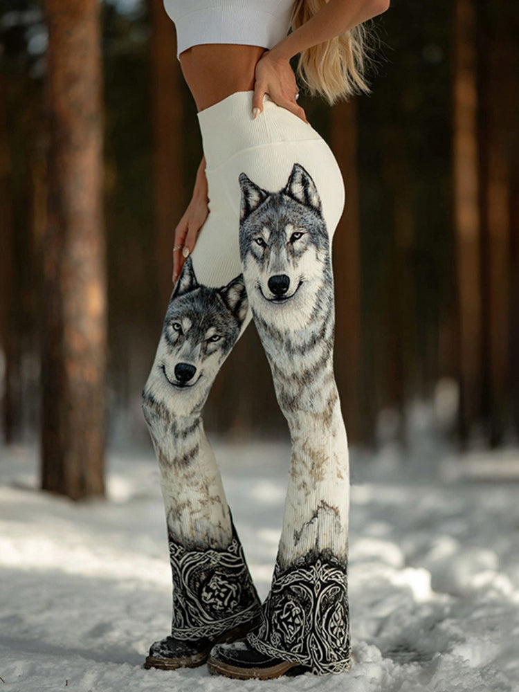 Vintage Wolf Landscape Ink Painting Celtic Art Cozy Knit Flared Leggings