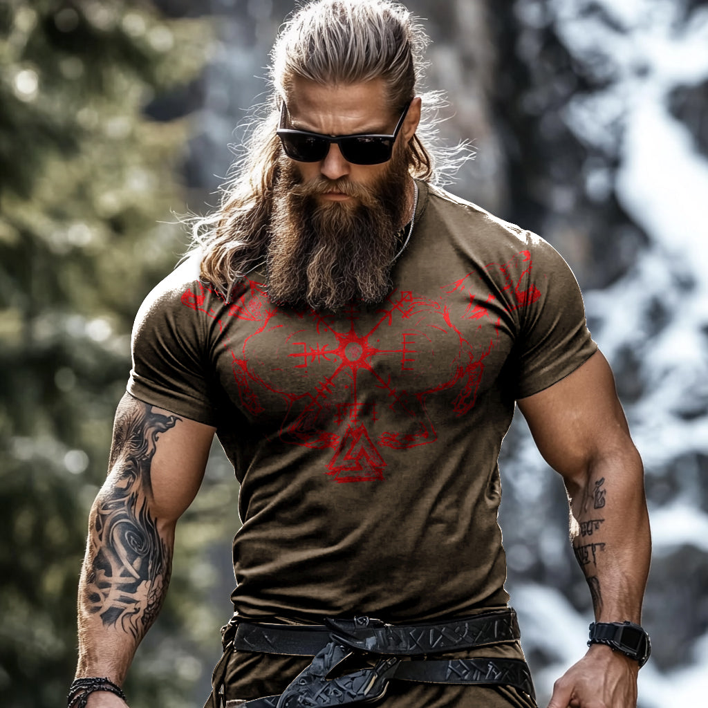 Men's Vintage Viking Rune Wolf Print T-shirt