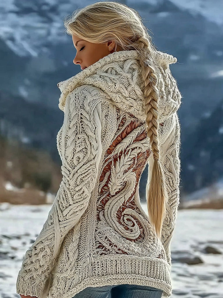 Women's Retro Viking Celtic Knot Dragon Knitted Zip-up Cardigan Sweater