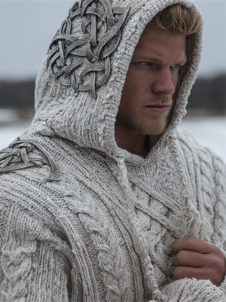 Men's Vintage Silver Viking Celtic Knot Cozy Chunky Hooded Sweater