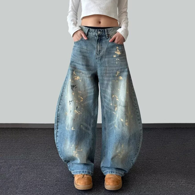 Vintage Washed Distressed Paint Splatter Loose-fitting Baggy Jeans For Women