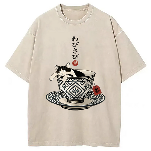 A Cozy Cat In A Teacup Washed T-shirt
