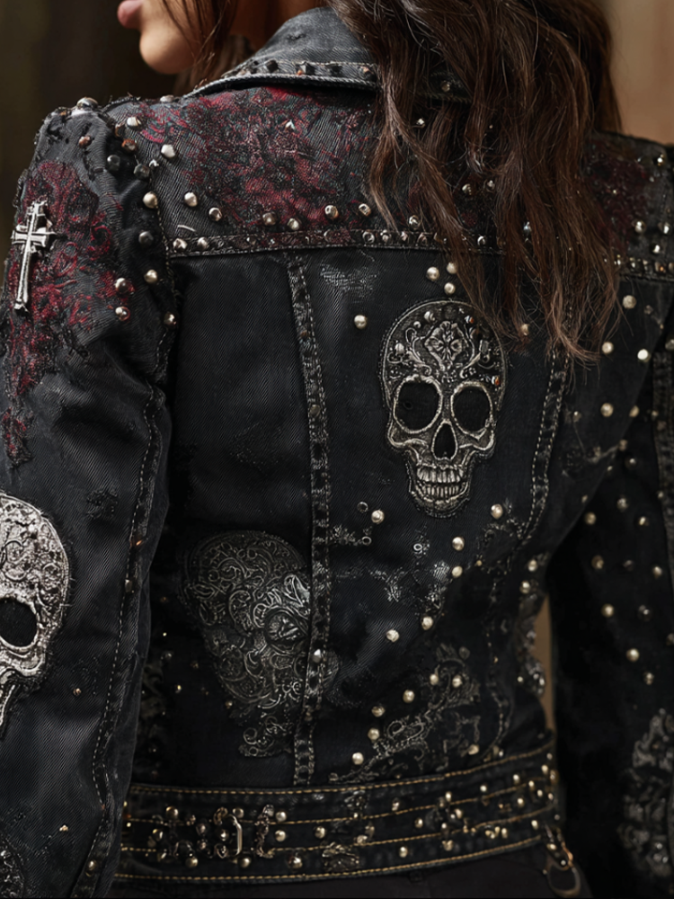 A Retro Women's  Gradient Denim Jacket With Gothic Skull And Floral Elements Design For Halloween.