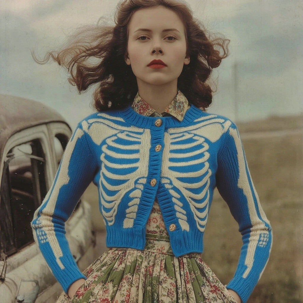 Women's Vintage Skull Ribs Pattern Cozy Knit Sweater Cardigan