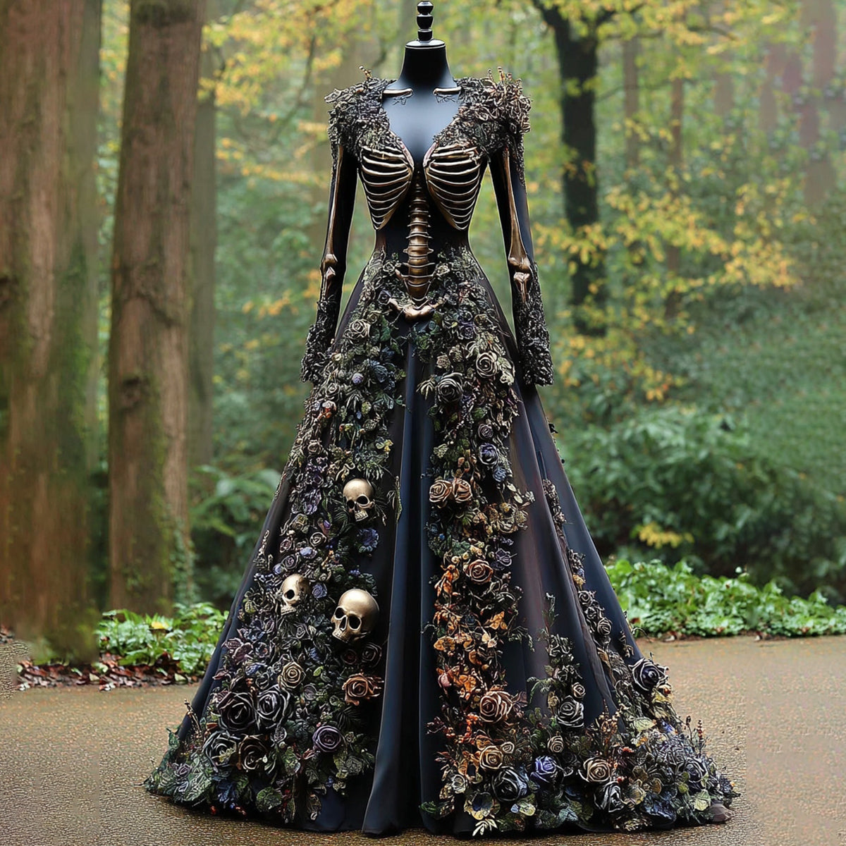 Women's Floral Moss Human Skull Pattern Maxi Dress