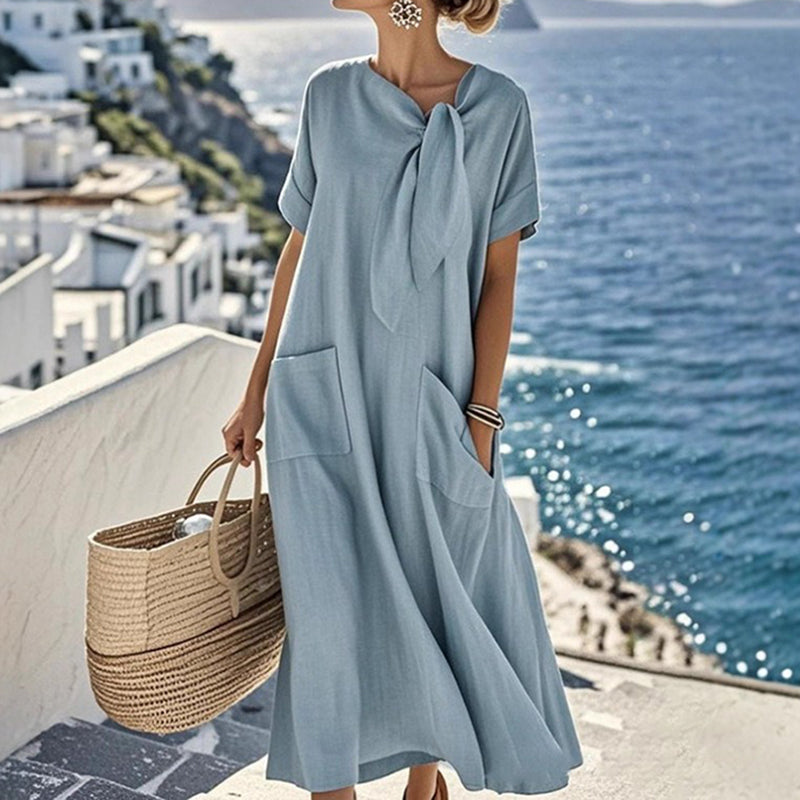 Women's Elegant Bow-knot Pocket Cotton And Linen Midi Dress
