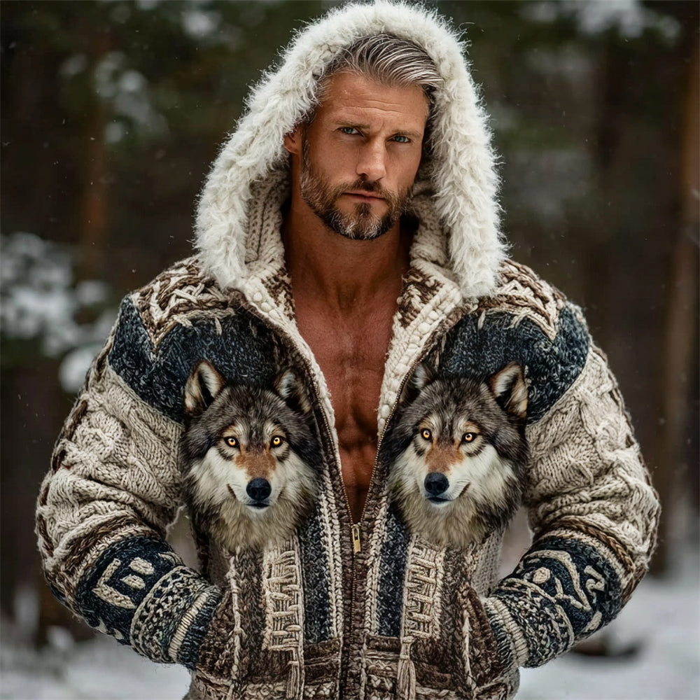 Western Giant Wolf Head Totem Men's Hooded Full-zip Knit Jacket