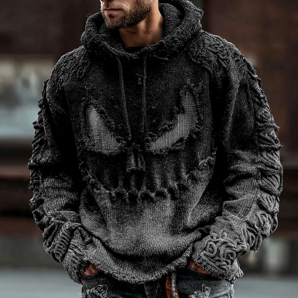 Men's Halloween Spooky Face Gradient Inspired Knitted Distressed Hooded Sweater