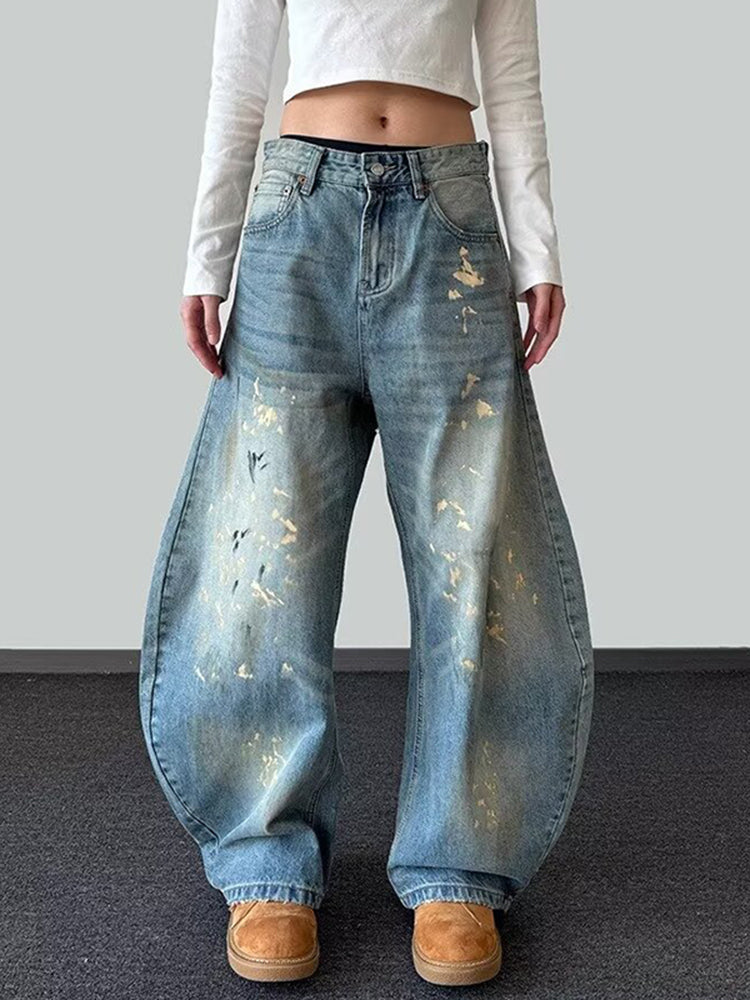 Vintage Washed Distressed Paint Splatter Loose-fitting Baggy Jeans For Women
